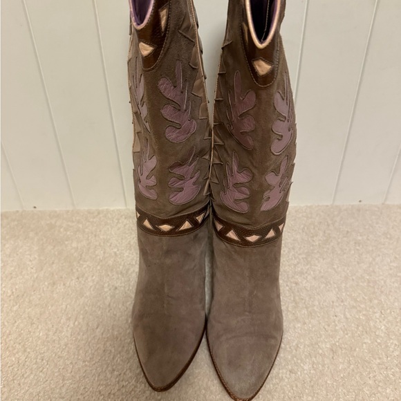 Beverly Feldman brown suede and leather inlaid heeled western cowboy boots sz 8 - Picture 4 of 7